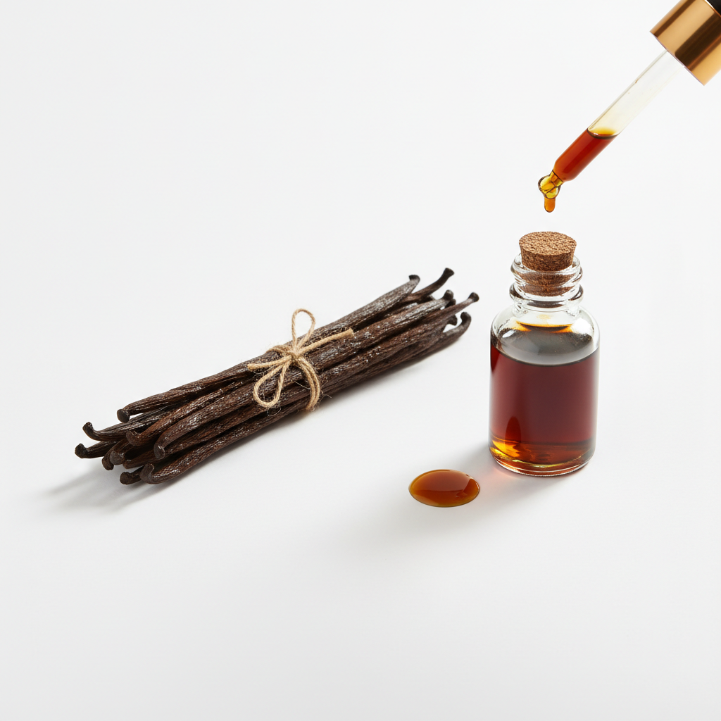 A professional studio photograph of natural vanilla beans and a small amount of vanilla extract displayed simply on a seamless plain white background.

Minimal, elegant arrangement with soft lighting to emphasize natural detail and color.

No text, no labels, no packaging, no logos.

High-quality editorial ingredient photography style, clean and premium.

Square composition, centered framing, 1000×1000 resolution.
