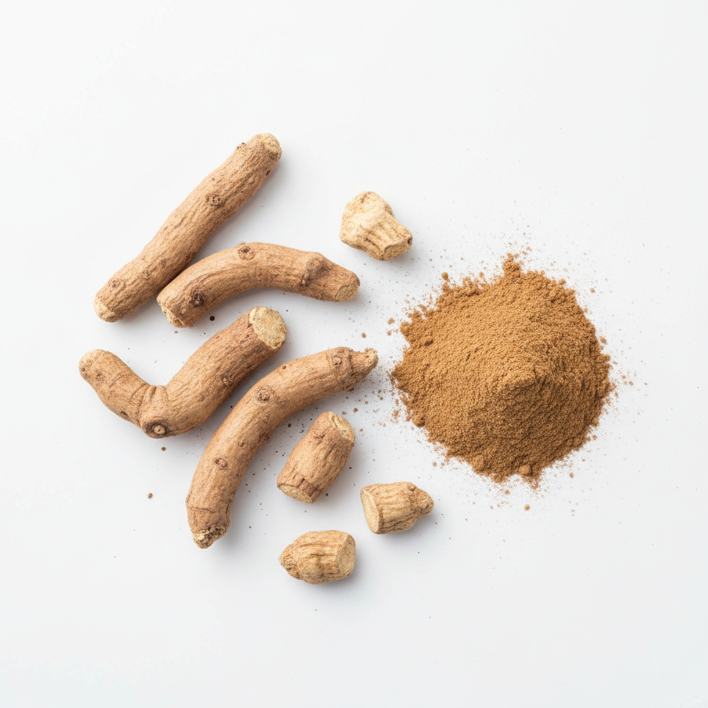 A professional studio photograph of raw ashwagandha roots and fine ashwagandha powder arranged naturally on a seamless plain white background.

Clean, minimal composition with soft, even lighting to highlight natural textures.

No text, no labels, no packaging, no logos.

High-end ingredient photography style, sharp focus, premium wellness aesthetic.

Square composition, centered framing, 1000×1000 resolution, e-commerce ready.
