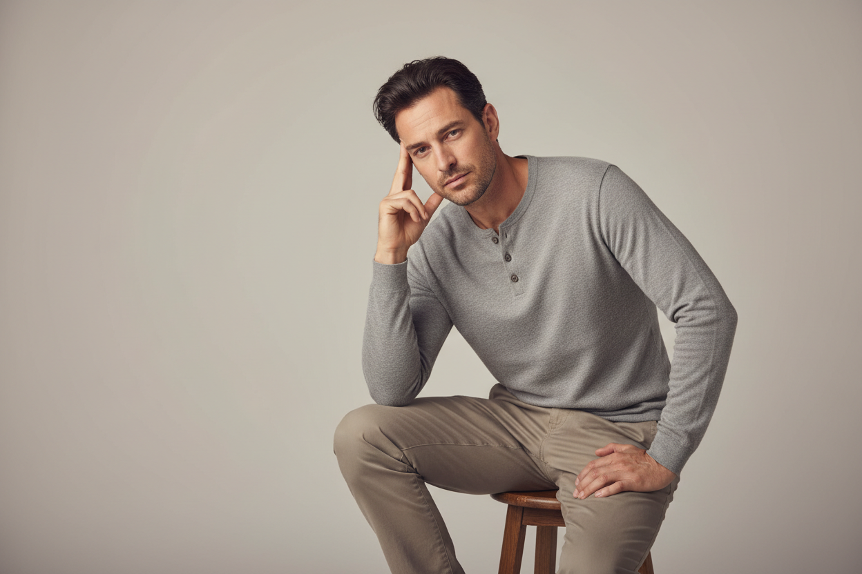 A realistic lifestyle photo of an adult man (25–45) standing or sitting against a neutral studio background. He appears unmotivated or low in momentum, with a thoughtful or slightly disengaged expression — not sad, stressed, or ill.

Casual, modern clothing in muted colors. Hands relaxed or lightly touching face, conveying lack of drive in an everyday context.

Clean, soft studio lighting, minimal background distractions.

No text, no branding, no exaggerated emotion.

Premium, understated wellness photogra