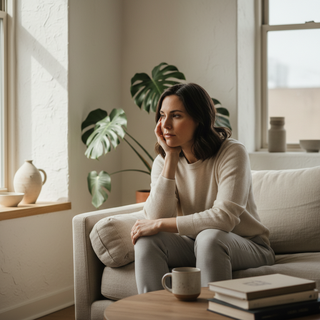 A realistic lifestyle photo of an adult person (male or female, 25–45) indoors in a calm, minimal setting. The subject appears mentally busy or unable to relax — subtle tension in posture, hands lightly touching temples or neck, eyes unfocused.

Expression is neutral and relatable, not anxious or distressed.

Soft natural lighting, warm tones, clean background.

No text, no medical cues, no dramatic stress imagery.

Calm, premium wellness brand aesthetic focused on balance and everyday life.

Square composi