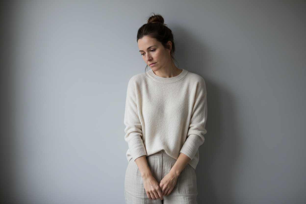 A realistic lifestyle photo of an adult woman (25–40) standing against a clean, neutral background. She appears slightly tired and run down, with relaxed posture and subtle facial expression showing low motivation or exhaustion — not distressed or ill.

She is dressed in simple, casual clothing in neutral tones. The mood is calm and relatable, representing everyday fatigue rather than extreme stress.

Soft, even lighting, minimal shadows, shallow depth of field.

No text, no logos, no dramatic emotion.

Cle