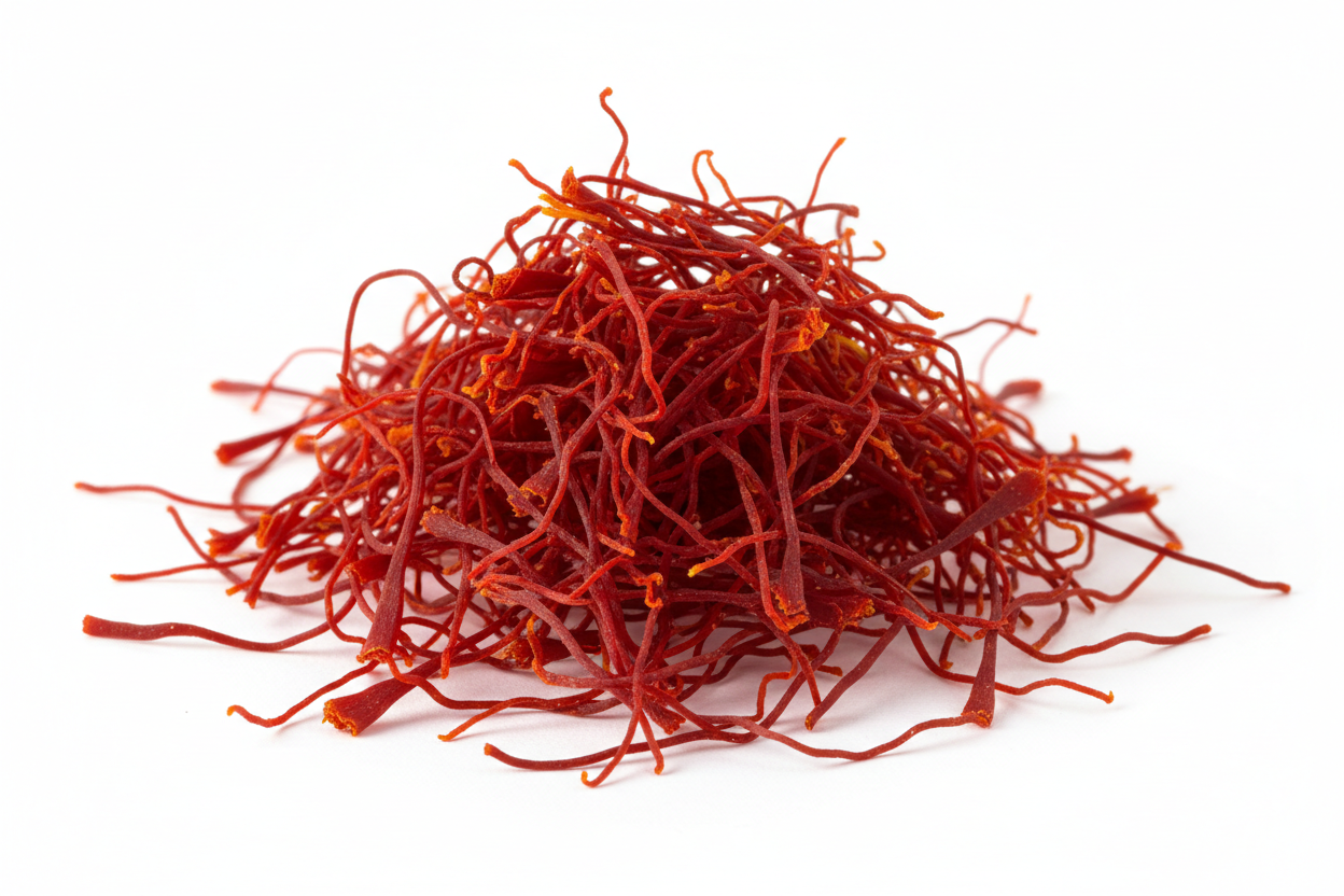 generate an image of kashmiri saffron have it look studio like and have it have a plain white background