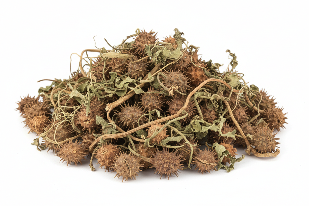 Generate an image of raw GOKSHURA have it look studio like with a plain white background 