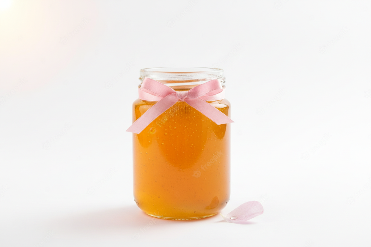 generate an image of raw honey in a jar have it have a plain white background but give it a 5% feminine kick have it look studio like