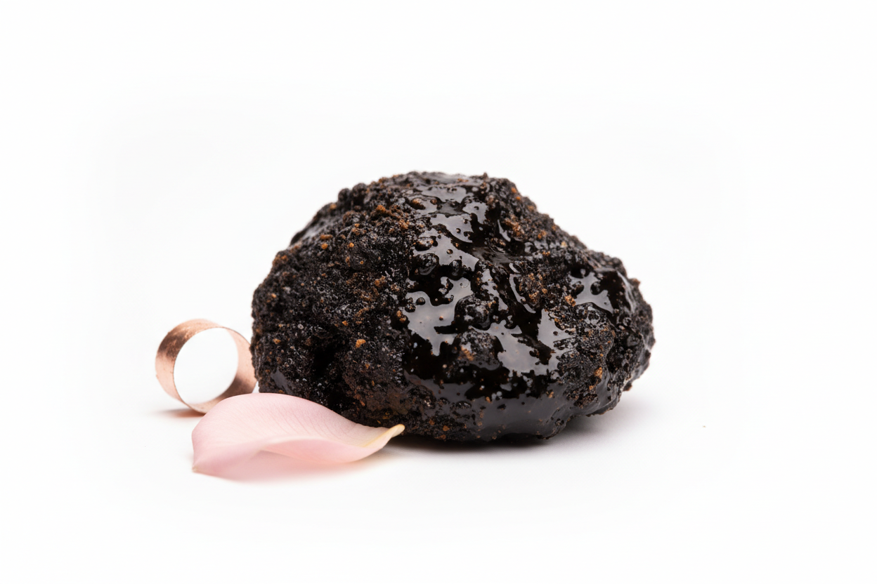 generate an image of raw shilajit that looks studio like have it have a plain whitebackground but give it a 10% feminine kick 