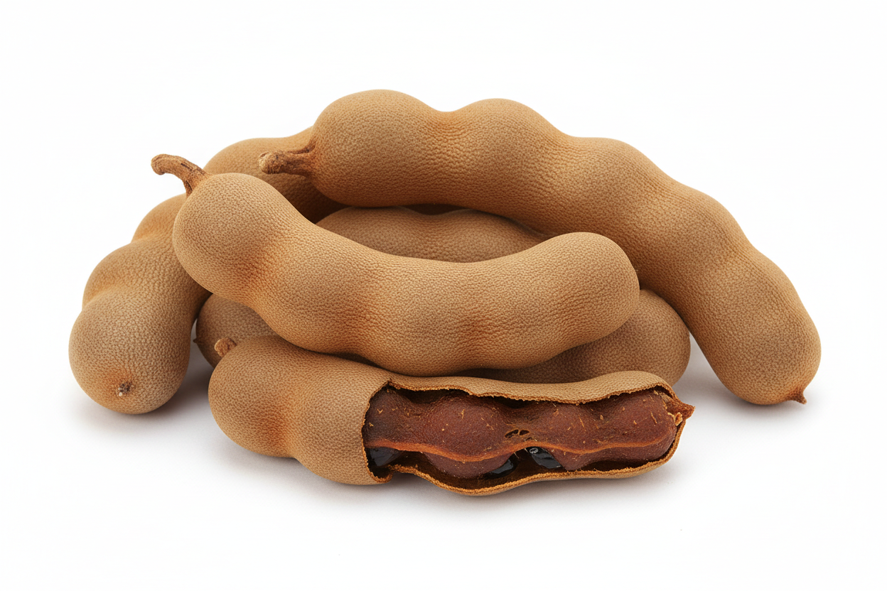 Generate an image of raw tamarind have the backgroud be plain white and have it look like it was taken in a studio/professional setting
